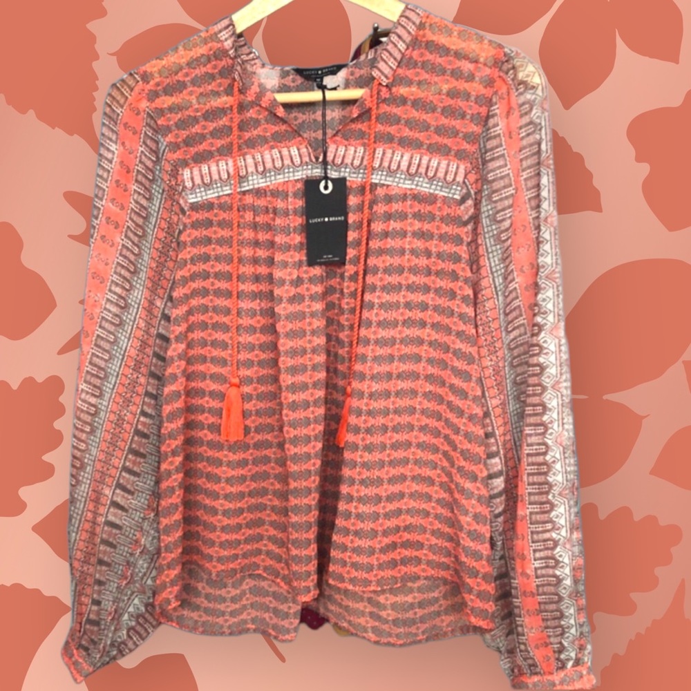 NWT Lucky Brand Peasant Pink Gray Sheer Tassel Top Size M